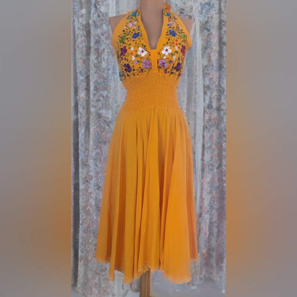 Oaxacan Style Dress, Yellow, hand embroidered flowers, imported from MX